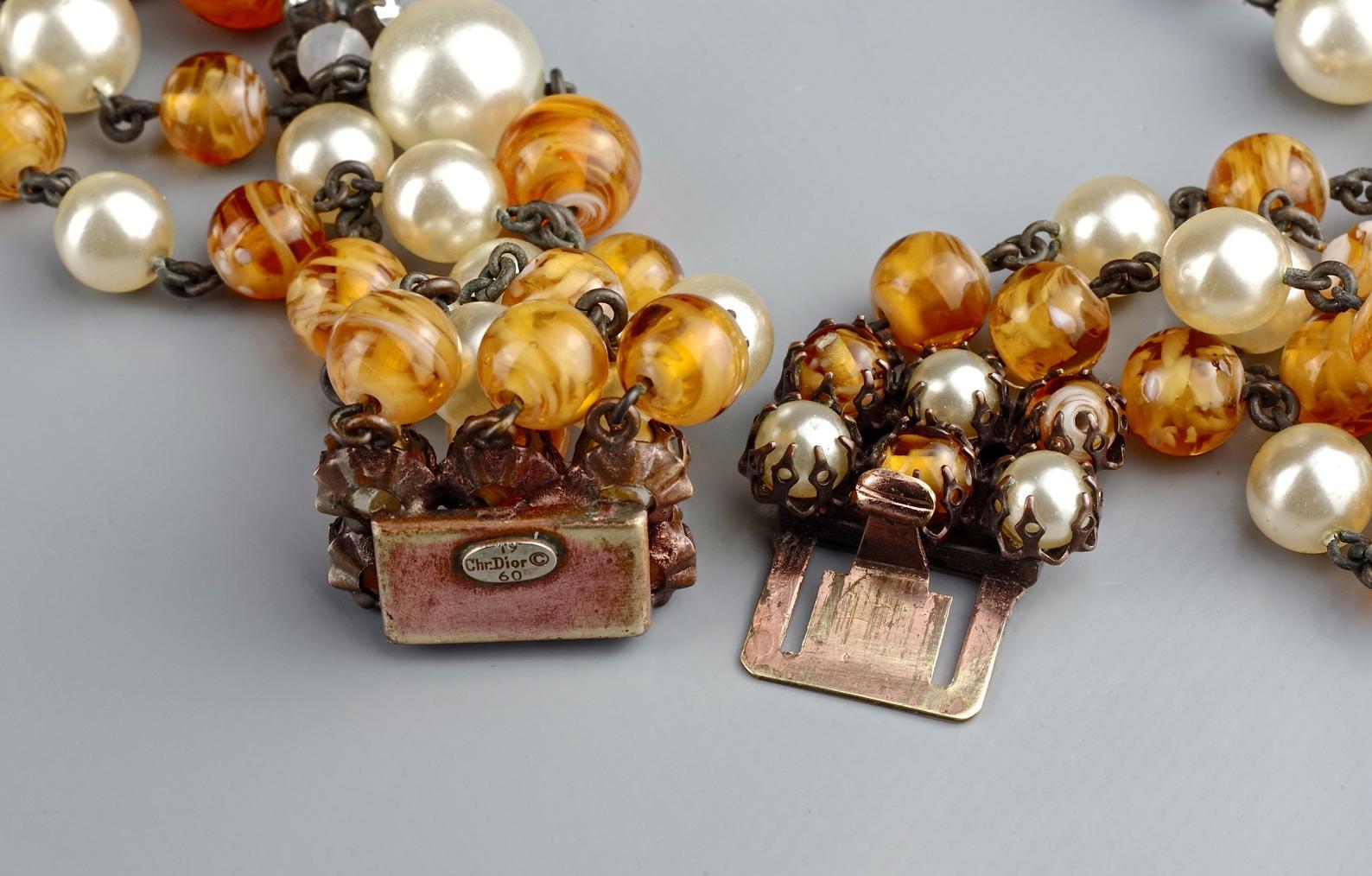 Vintage 1960 CHRISTIAN DIOR Triple Strand Amber Glass and Pearl Necklace 3