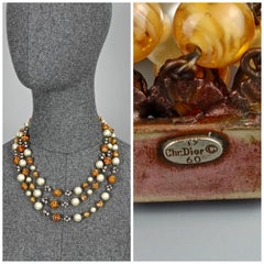 Vintage 1960 CHRISTIAN DIOR Triple Strand Amber Glass and Pearl Necklace