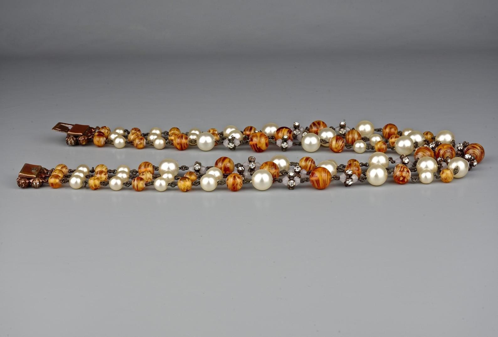 Vintage 1960 CHRISTIAN DIOR Triple Strand Amber Glass and Pearl Necklace In Good Condition In Kingersheim, Alsace