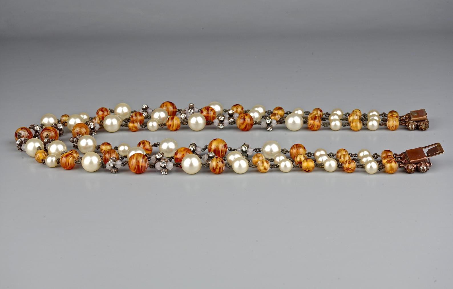 Women's Vintage 1960 CHRISTIAN DIOR Triple Strand Amber Glass and Pearl Necklace