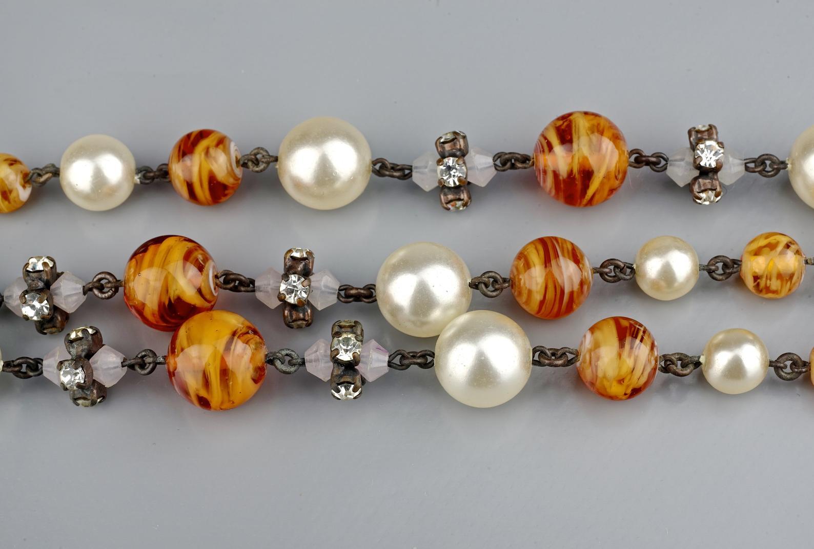 Vintage 1960 CHRISTIAN DIOR Triple Strand Amber Glass and Pearl Necklace 1