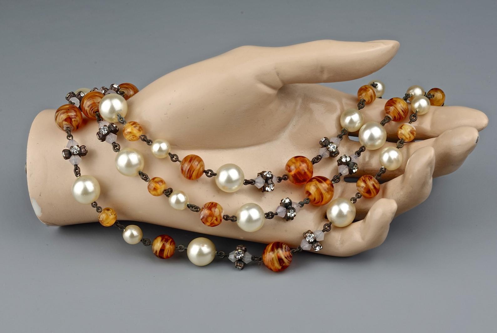 Vintage 1960 CHRISTIAN DIOR Triple Strand Amber Glass and Pearl Necklace 2
