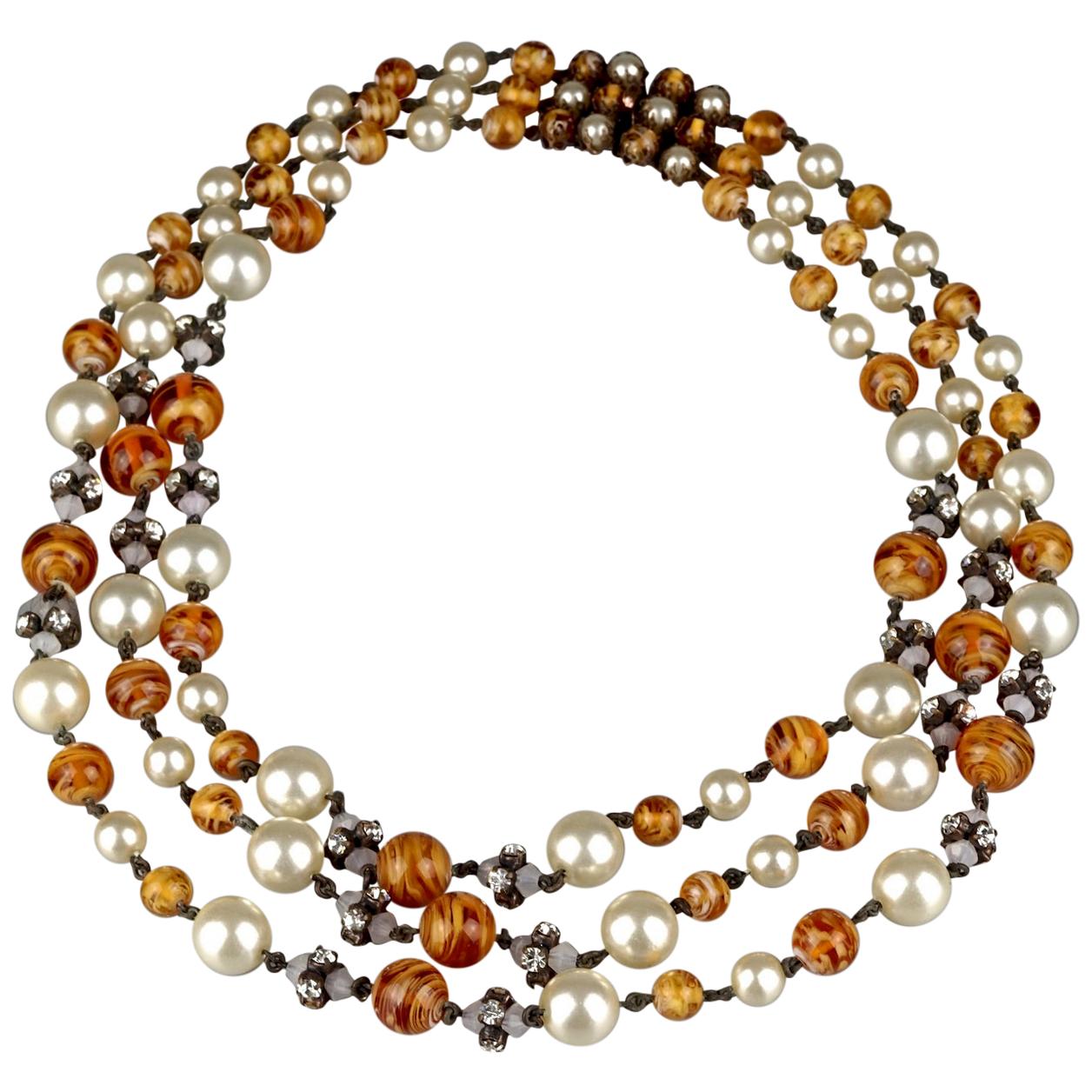 Vintage 1960 CHRISTIAN DIOR Triple Strand Amber Glass and Pearl Necklace