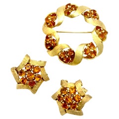 Vintage 1960 Demi Parure Broche Pendientes de clip Oro cepillado 14 K Citrinos  