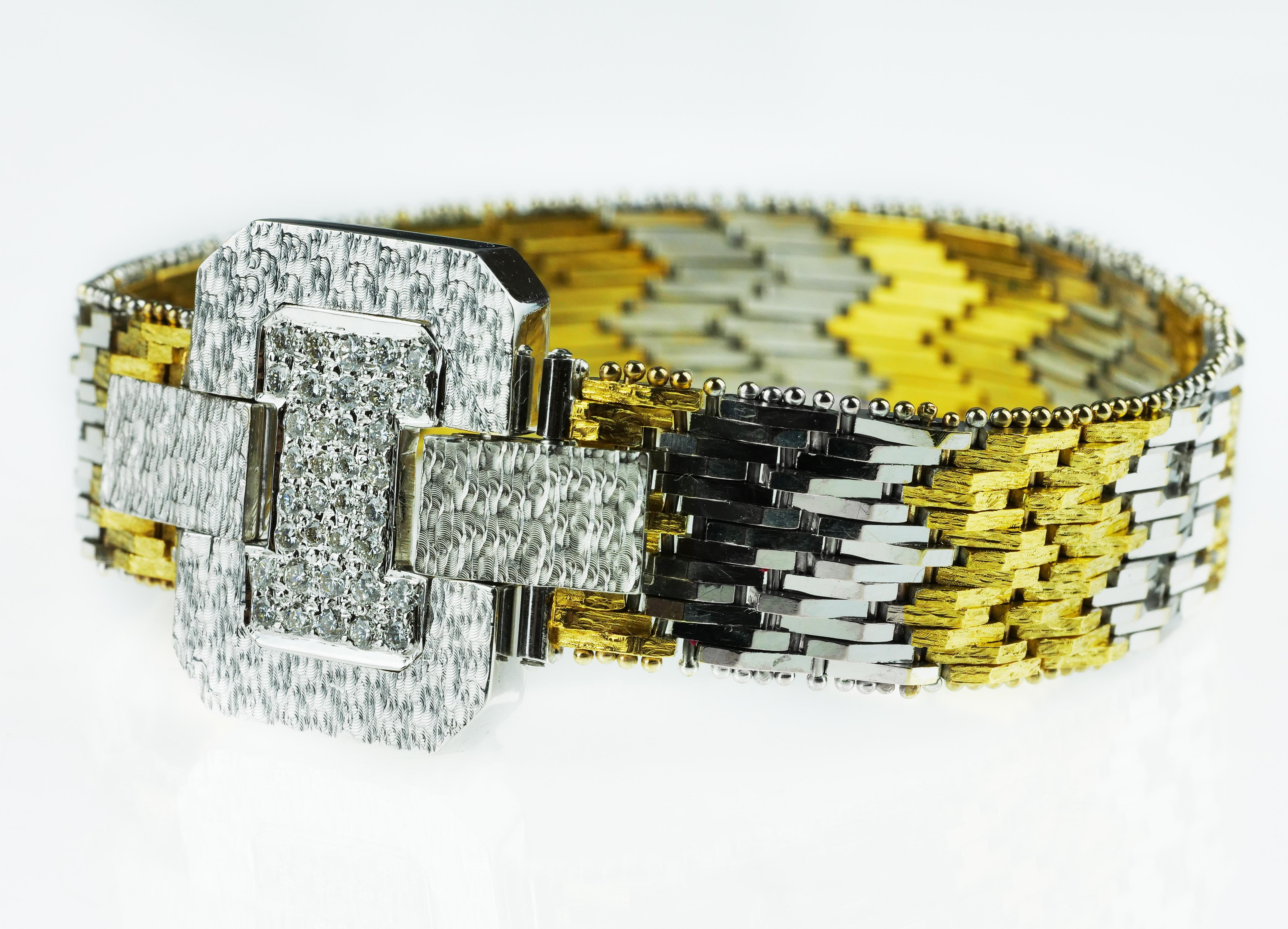 Retro Vintage 1960 Diamond Wide Buckle Bracelet in Bimetal 18 K White & Yellow Gold For Sale