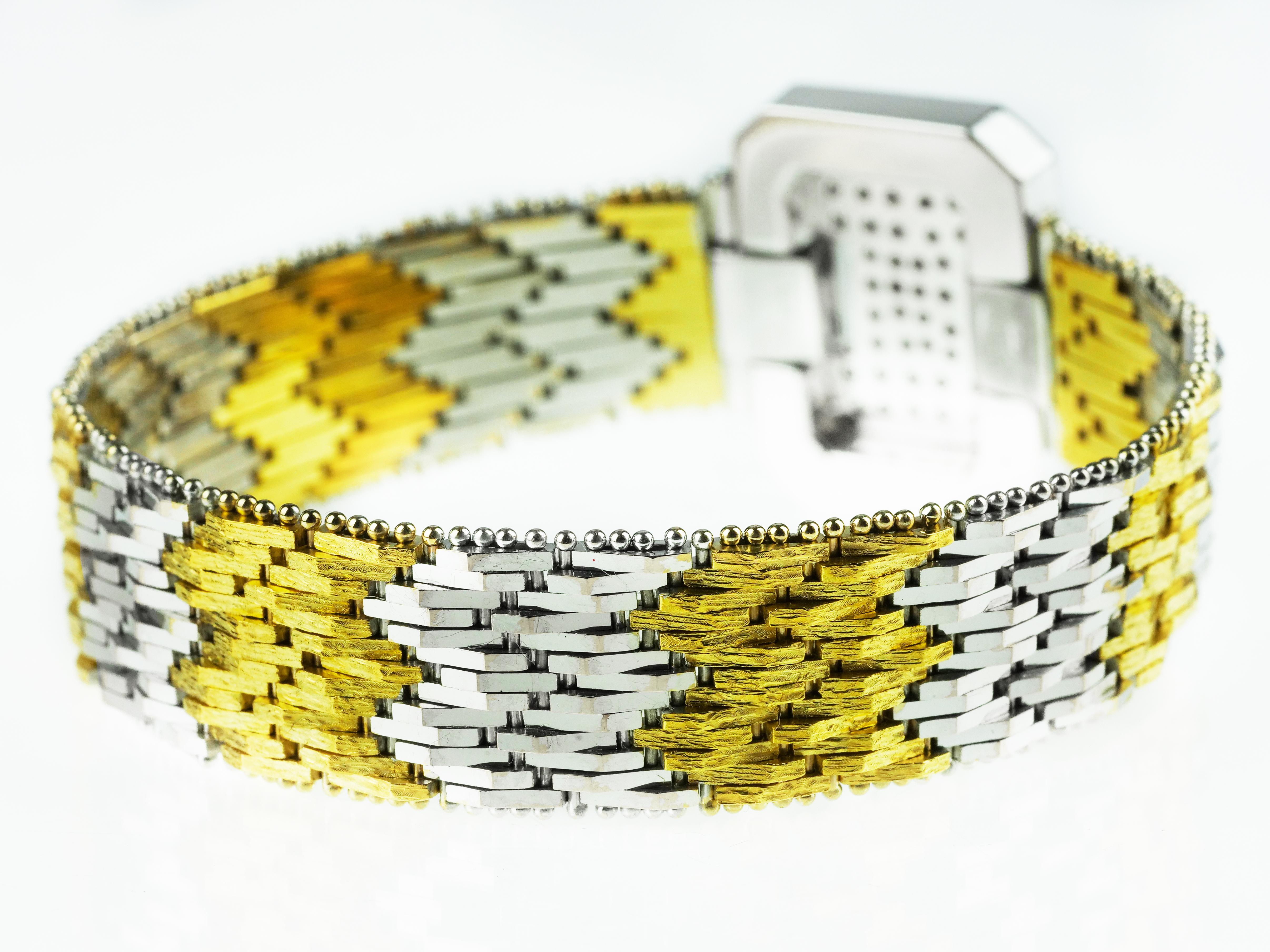 Round Cut Vintage 1960 Diamond Wide Buckle Bracelet in Bimetal 18 K White & Yellow Gold For Sale