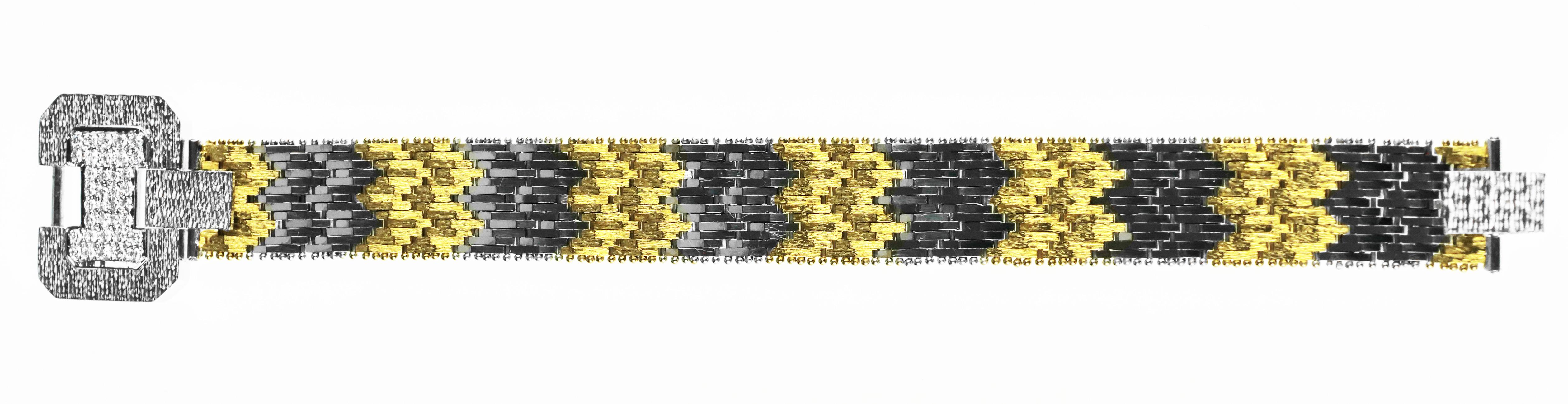 Women's Vintage 1960 Diamond Wide Buckle Bracelet in Bimetal 18 K White & Yellow Gold For Sale