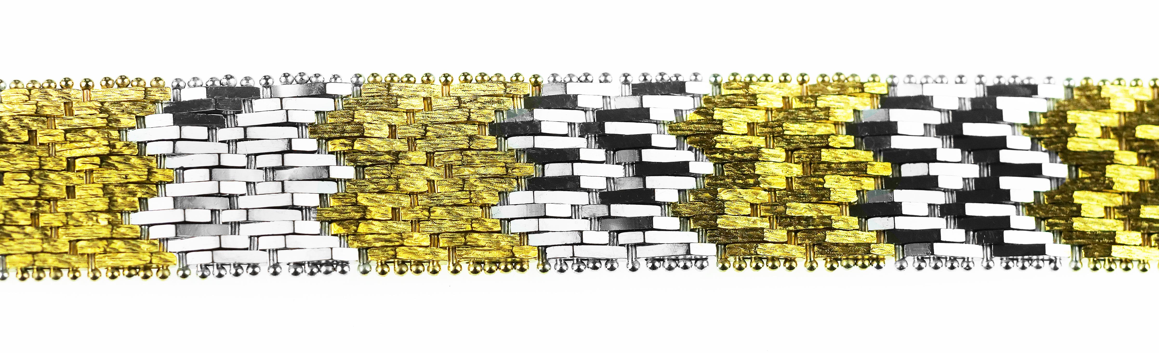 Vintage 1960 Diamond Wide Buckle Bracelet in Bimetal 18 K White & Yellow Gold For Sale 1