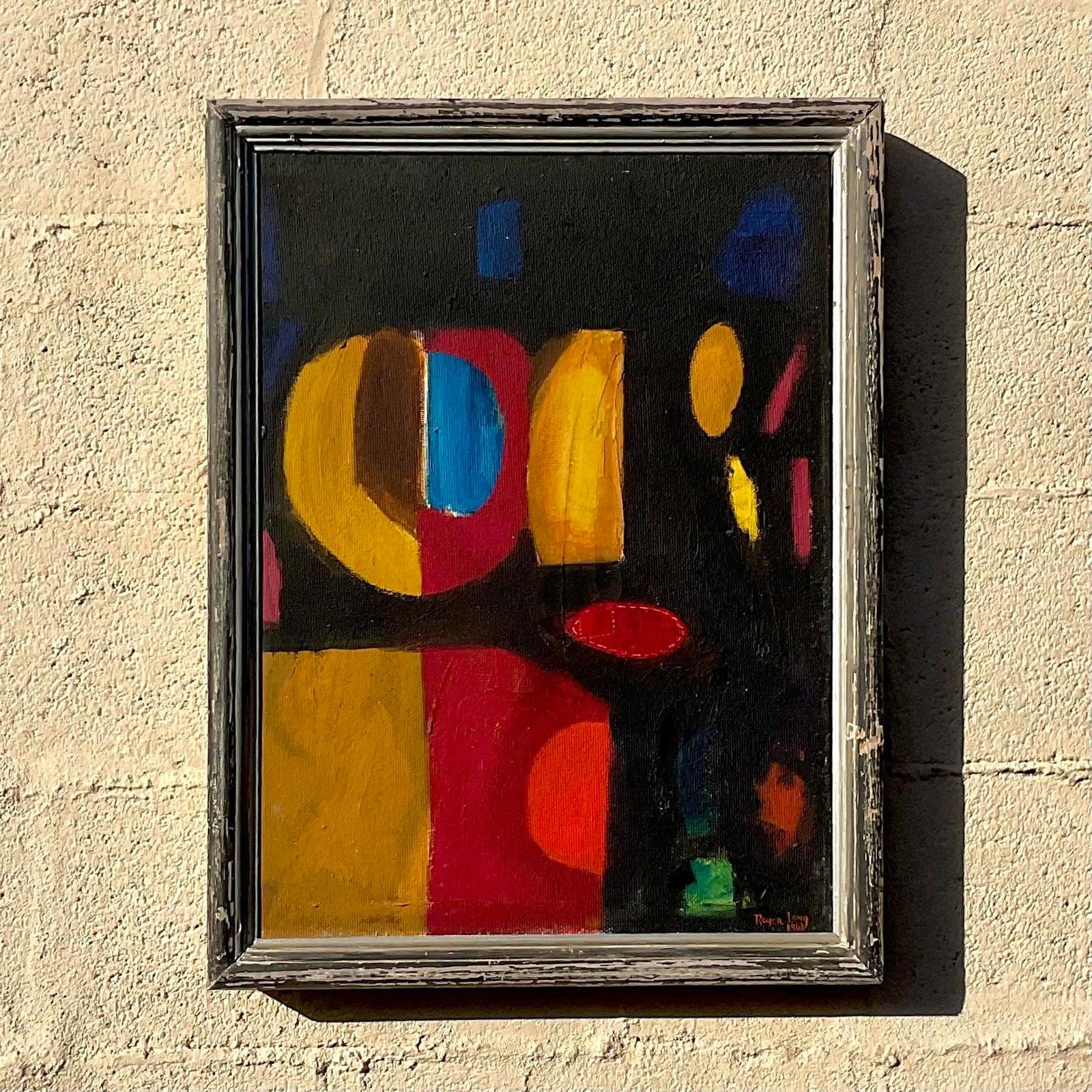 A stunning vintage abstract painting featuring colorful geometric shapes against a dark background. The painting is signed on the bottom right corner by the artist dated 1966. Acquired at a Palm Beach estate. 