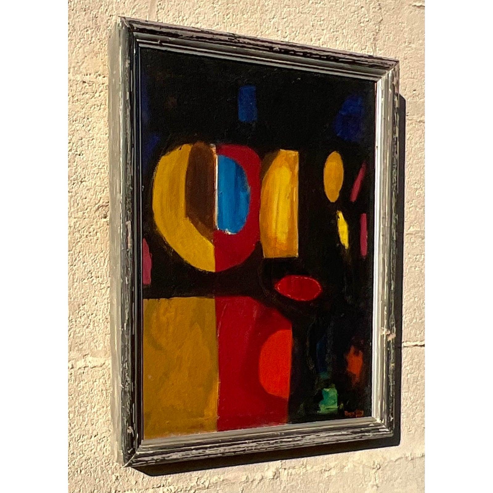 Vintage 1960 Geometric Abstract Painting- Signed In Good Condition For Sale In west palm beach, FL