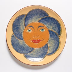 Vintage 1960 Hand-Painted Blue, Orange Ceramic Plate by Artist Diaz Costa