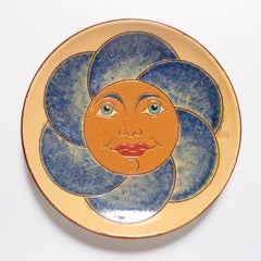 Vintage 1960 Hand-Painted Blue, Orange Ceramic Plate by Artist Diaz Costa