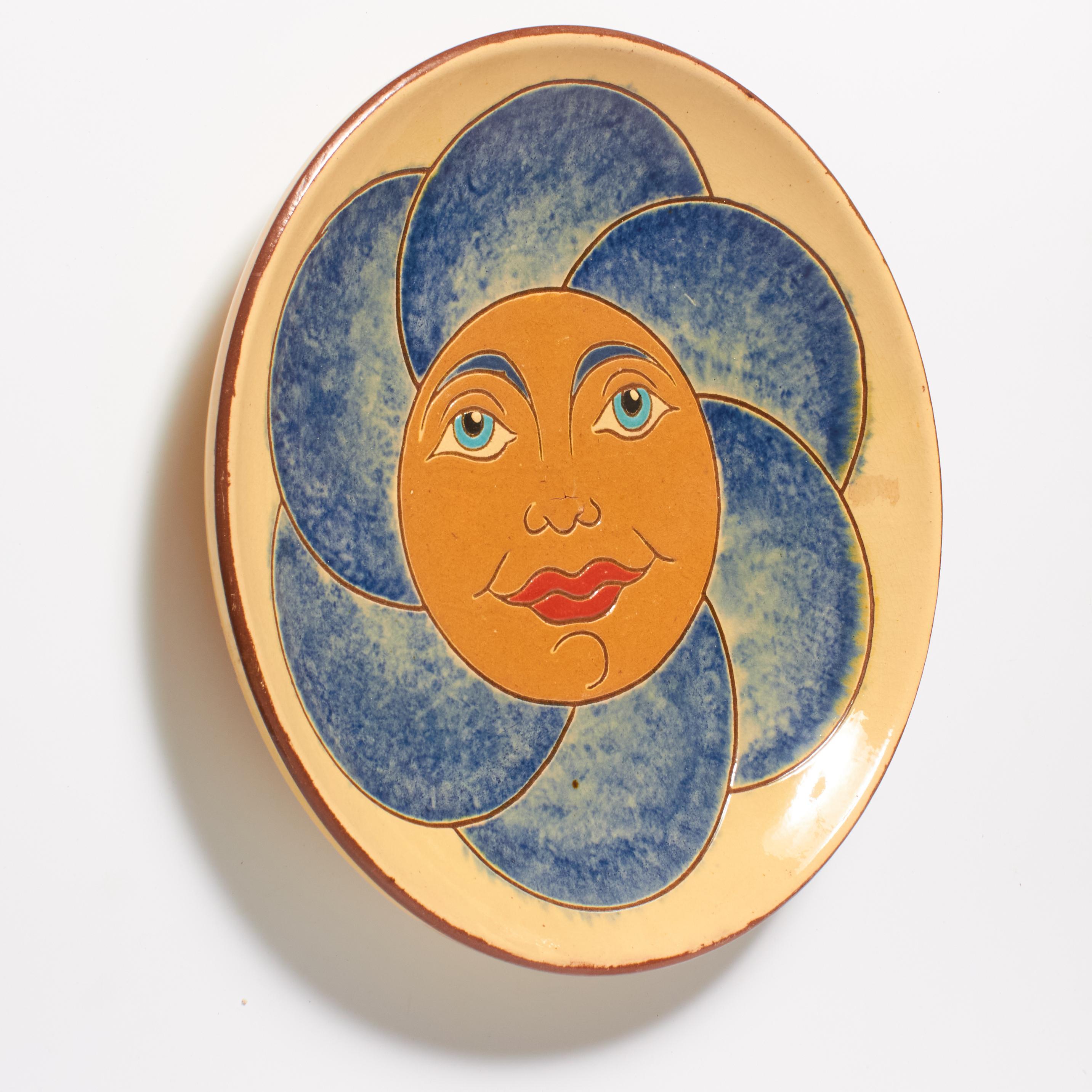 Plato de cerámica vintage de 1960 pintado a mano en azul y naranja por el artista Díaz Costa Moderno de mediados de siglo