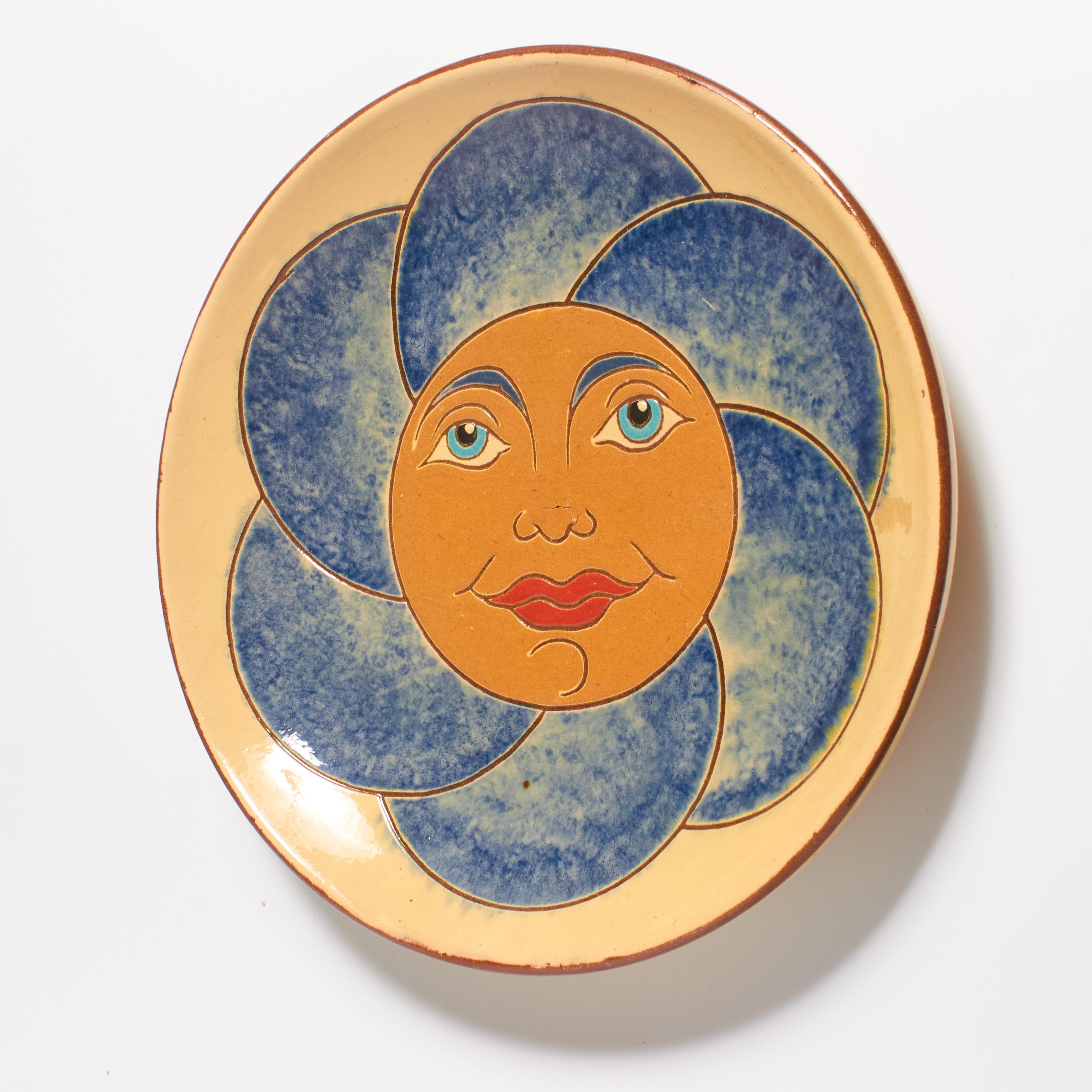 Plato de cerámica vintage de 1960 pintado a mano en azul y naranja por el artista Díaz Costa Español