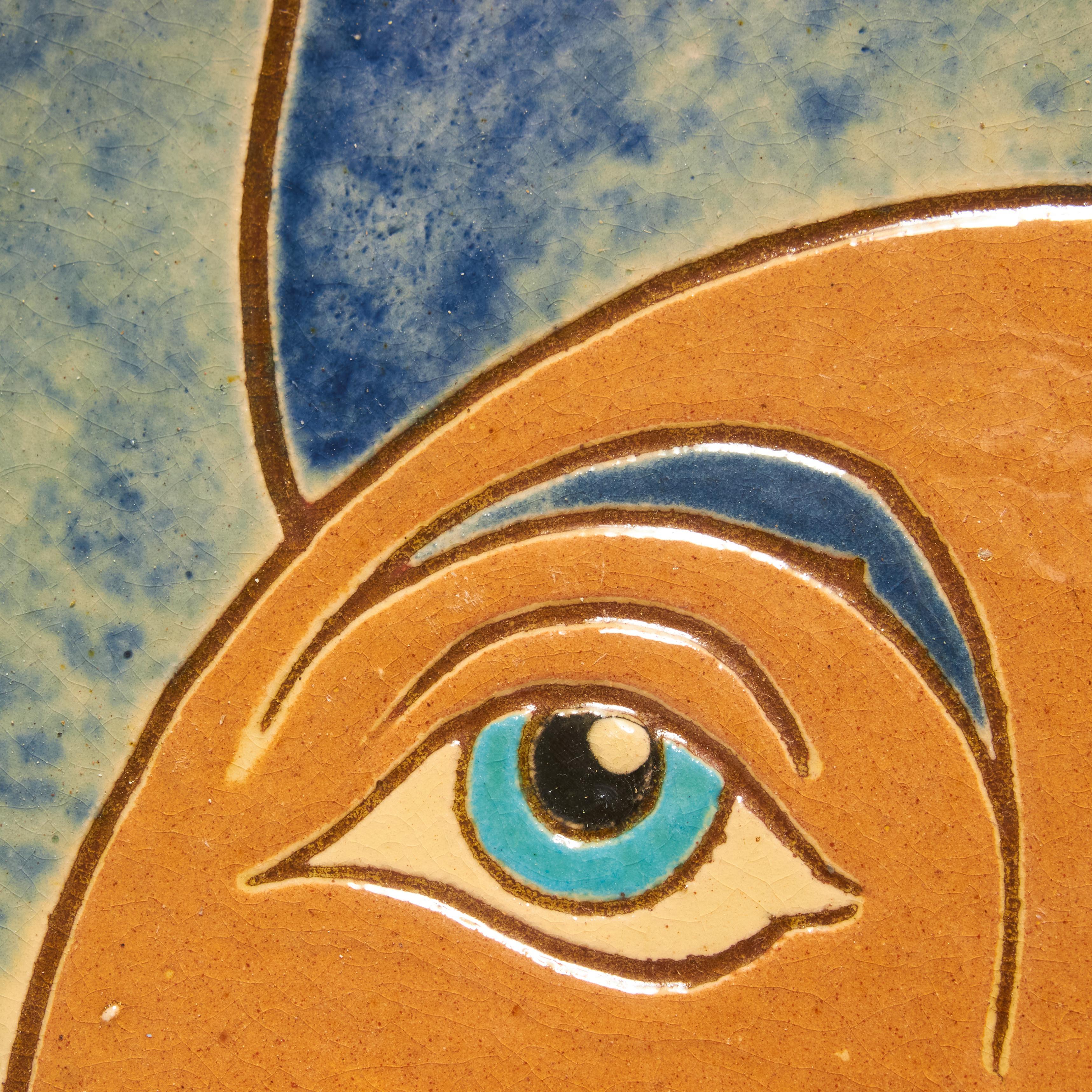 Plato de cerámica vintage de 1960 pintado a mano en azul y naranja por el artista Díaz Costa 1
