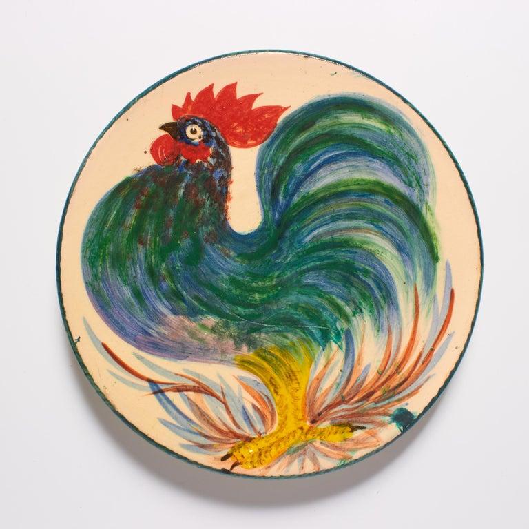 Plato de cerámica vintage de 1960 pintado a mano en azul y naranja por el artista Díaz Costa en venta 2