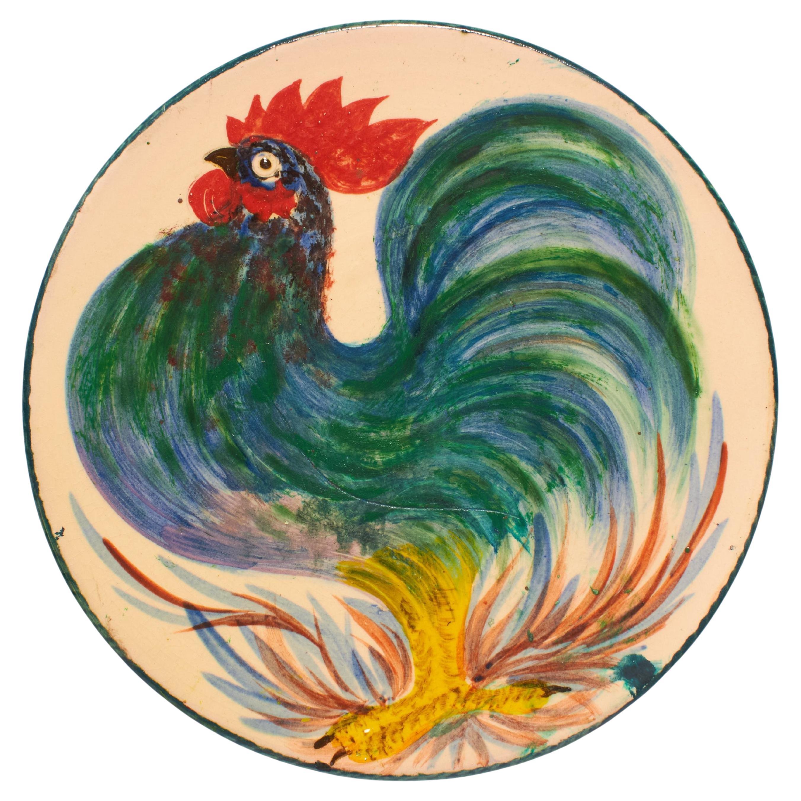 Plato de cerámica vintage de 1960 pintado a mano en azul y naranja por el artista Díaz Costa