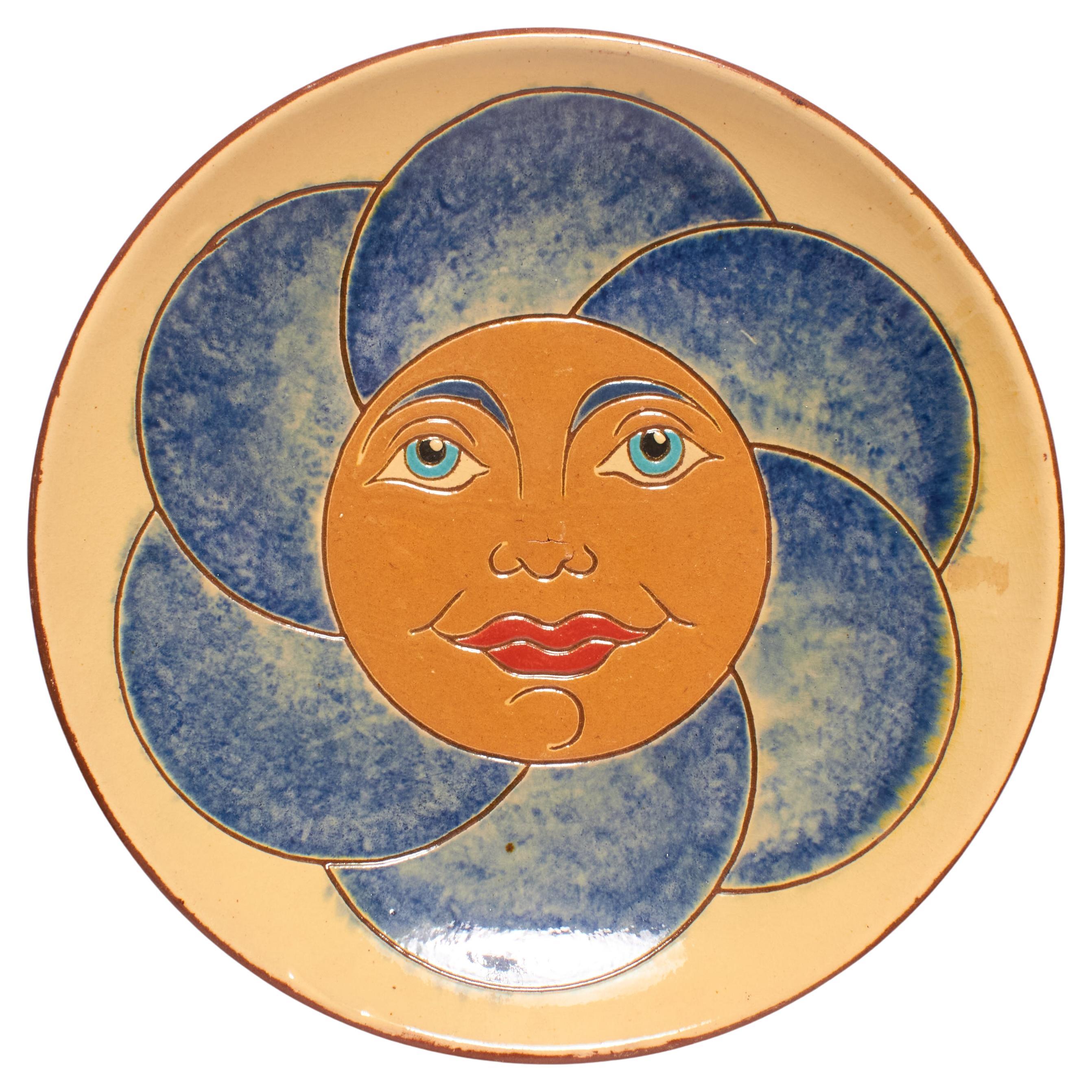 Handbemalter blau-orangefarbener Vintage-Keramikteller der Künstlerin Diaz Costa aus dem Jahr 1960