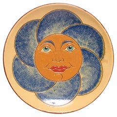 Assiette en céramique bleue et orange peinte à la main par l'artiste Diaz Costa, années 1960