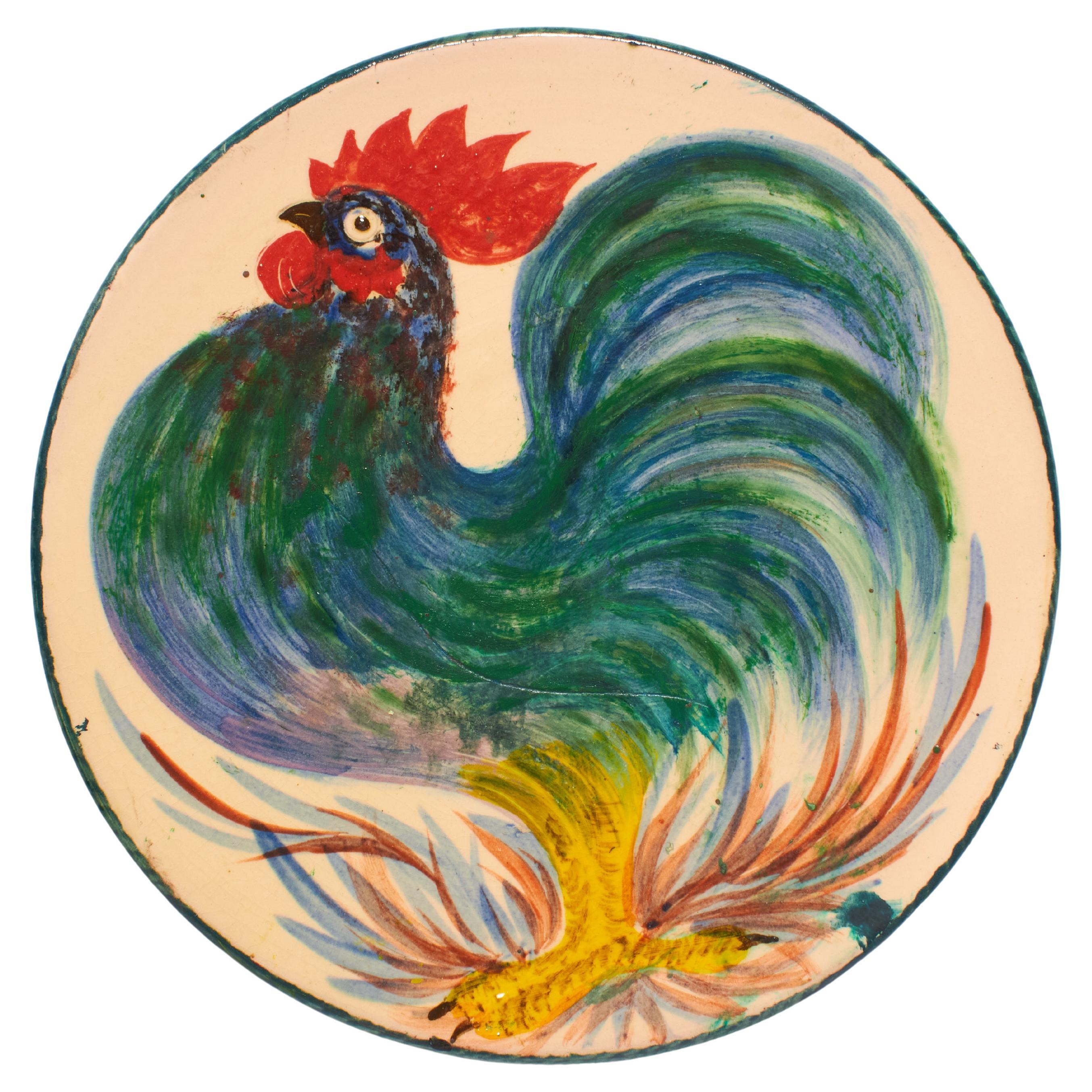 Vintage 1960 Hand-Painted Blue, Orange Ceramic Plate by Artist Diaz Costa For Sale