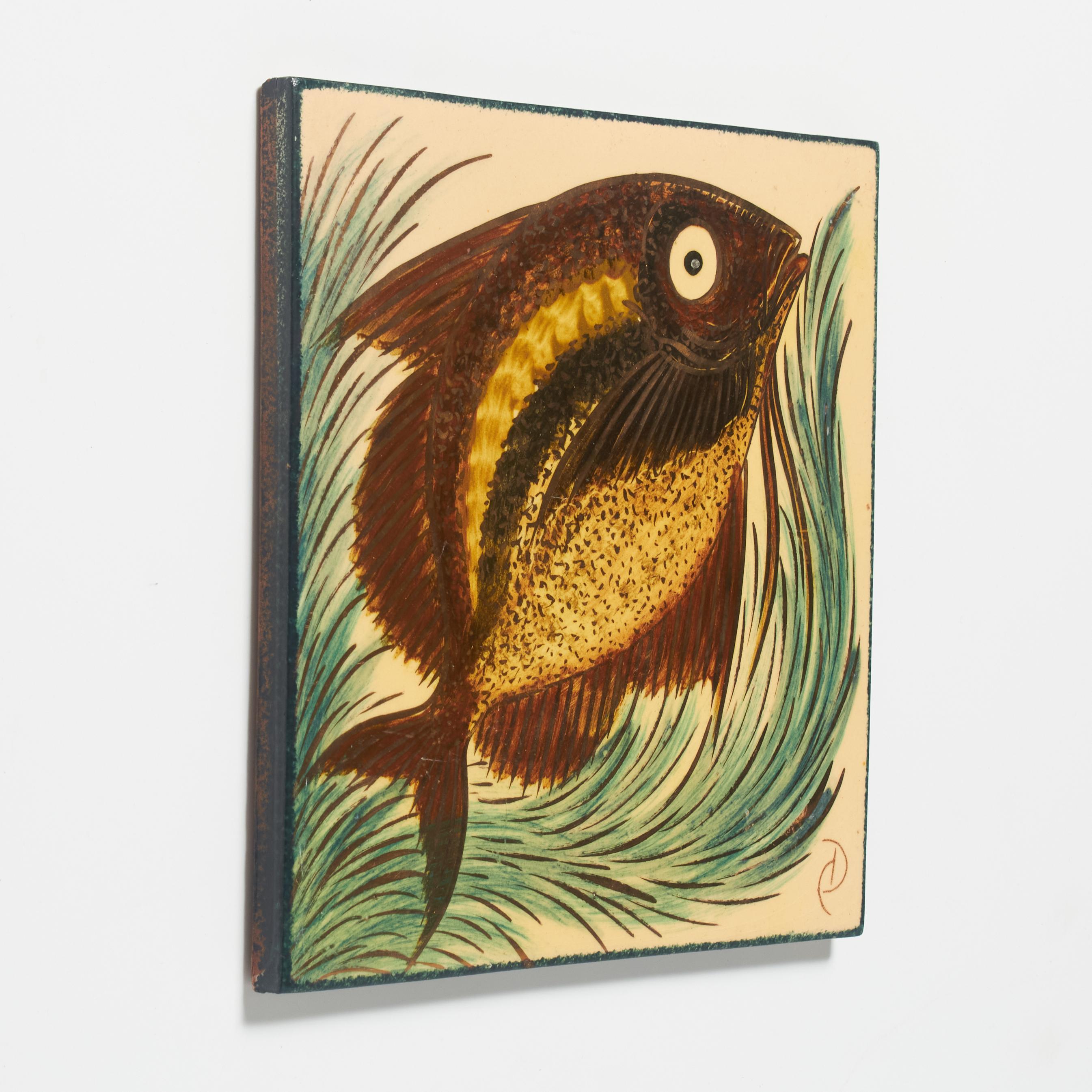 Mid-Century Modern Vintage 1960 Hand-Painted Ceramic Gold Fish Artwork by Catalan Artist Diaz Costa For Sale