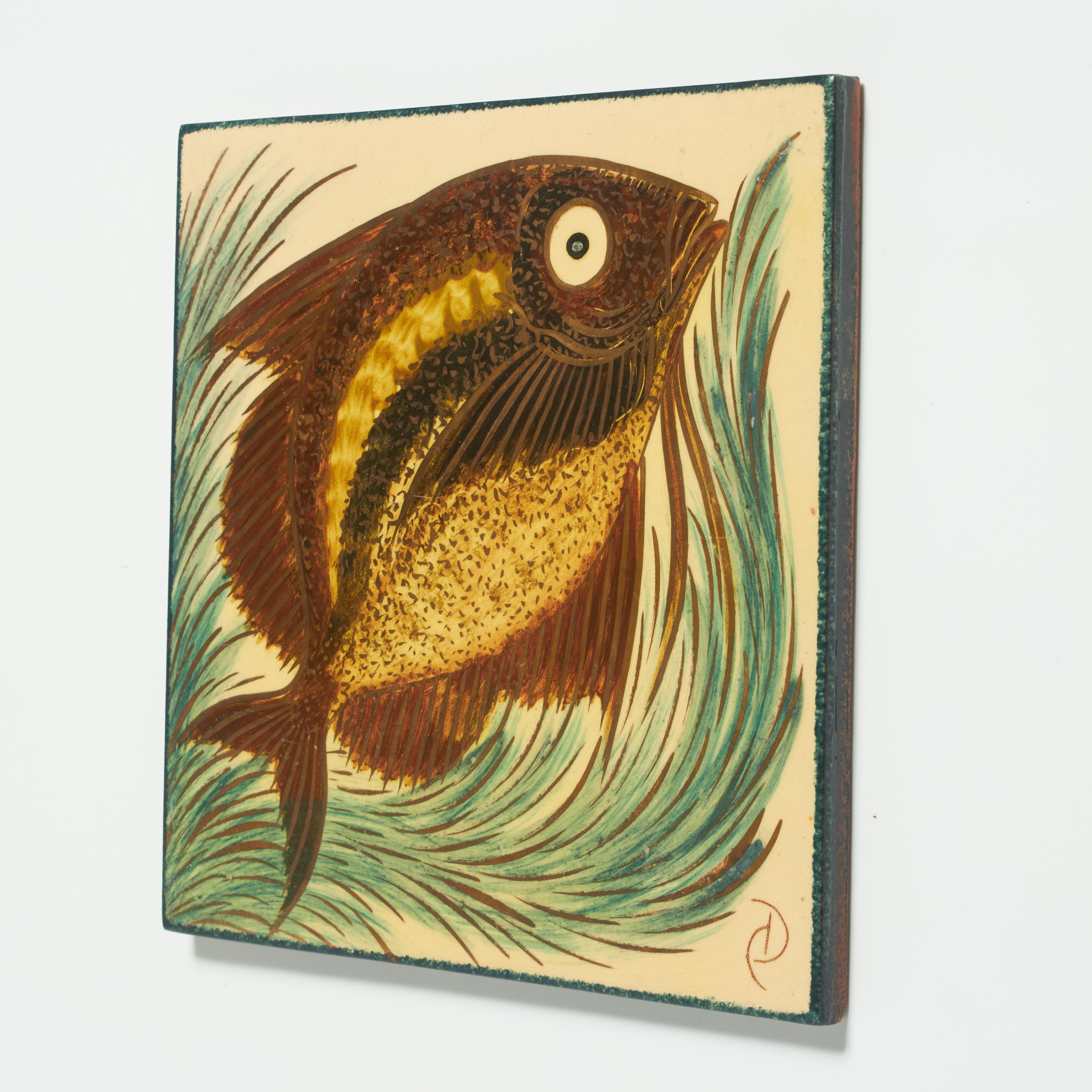 Spanish Vintage 1960 Hand-Painted Ceramic Gold Fish Artwork by Catalan Artist Diaz Costa For Sale