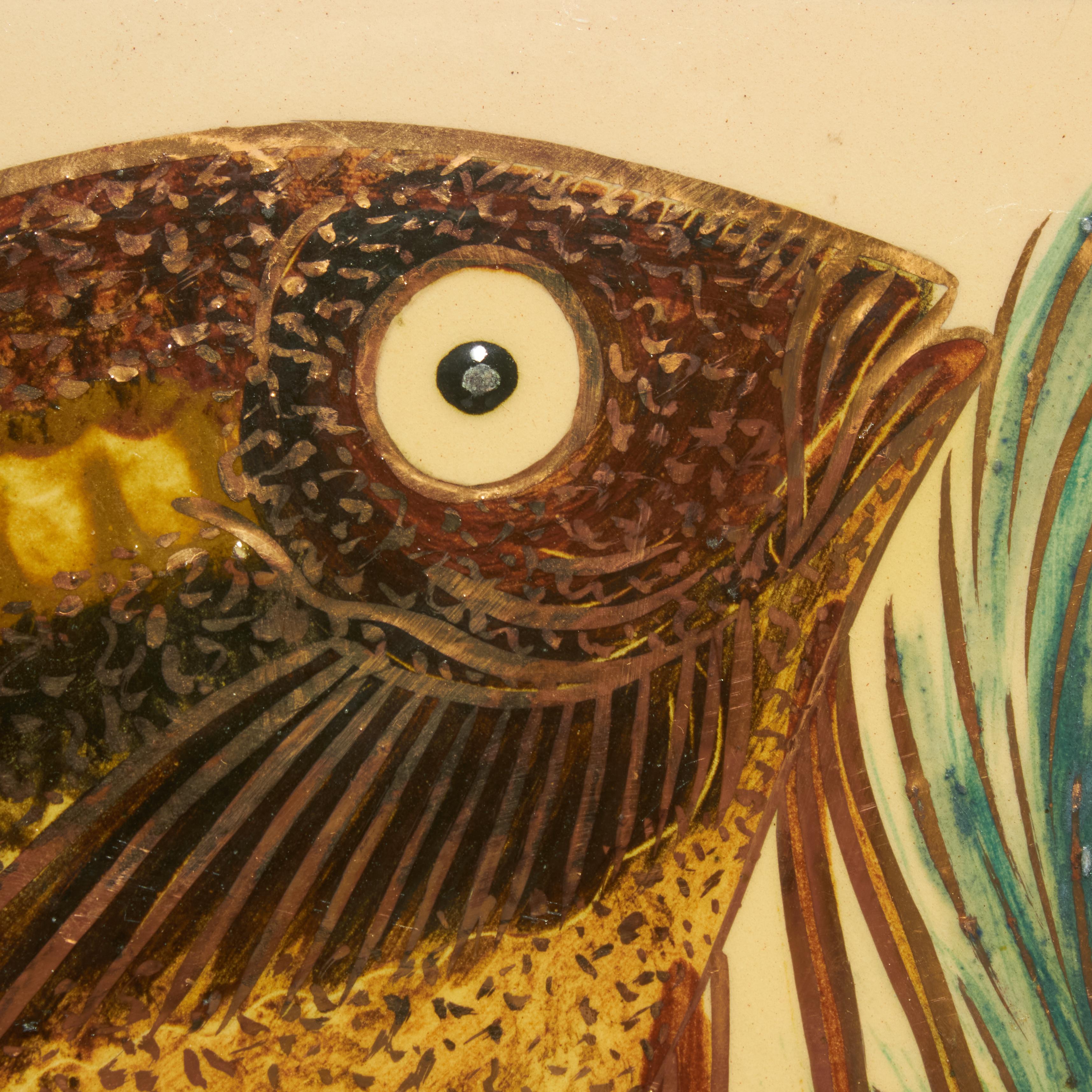 Glazed Vintage 1960 Hand-Painted Ceramic Gold Fish Artwork by Catalan Artist Diaz Costa
