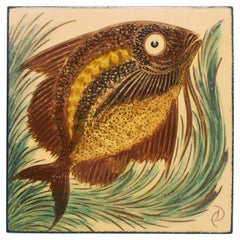 artiste catalan Diaz Costa, œuvre d'art vintage de poissons dorés en céramique peinte à la main, 1960