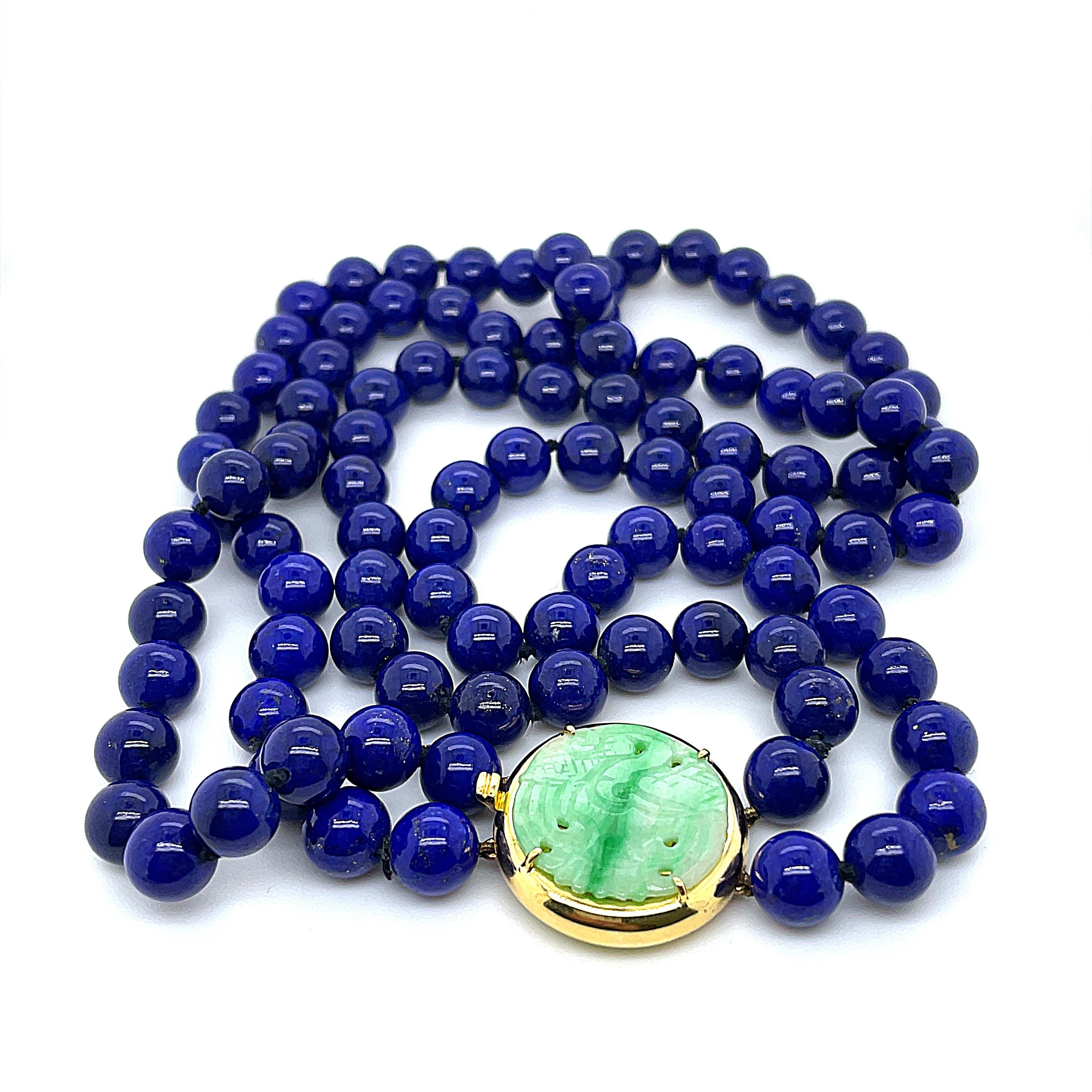 Bead Vintage 1960 Lapiz Necklace Untreated With a Jade Scarab Clasp (18k Yellow Gold) For Sale