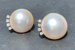 Vintage 1960 Mabé Perle Diamant 14 Karat Weißgold Clip-On Ohrclips