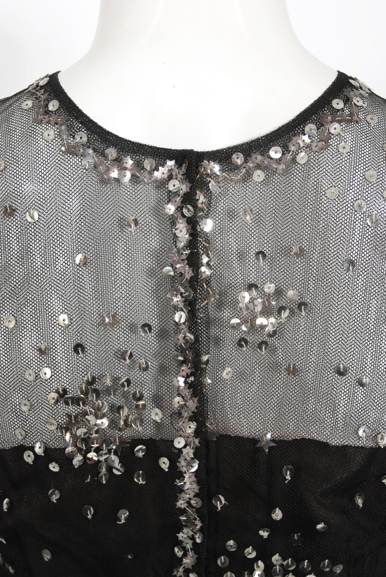Vintage 1960 Norman Norell Sequin Star Novelty Black Sheer Illusion Tulle Gown For Sale 3