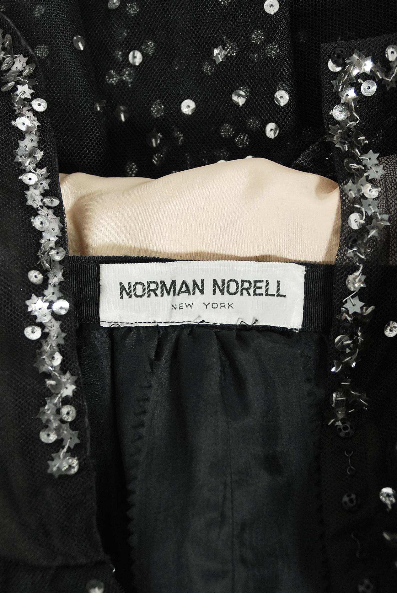 Vintage 1960 Norman Norell Sequin Star Novelty Black Sheer Illusion Tulle Gown For Sale 4