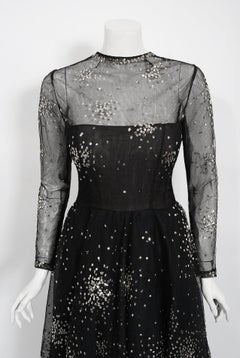 1960 Norman Norell Couture Sequin Star Novelty Black Sheer Illusion Tulle Gown
