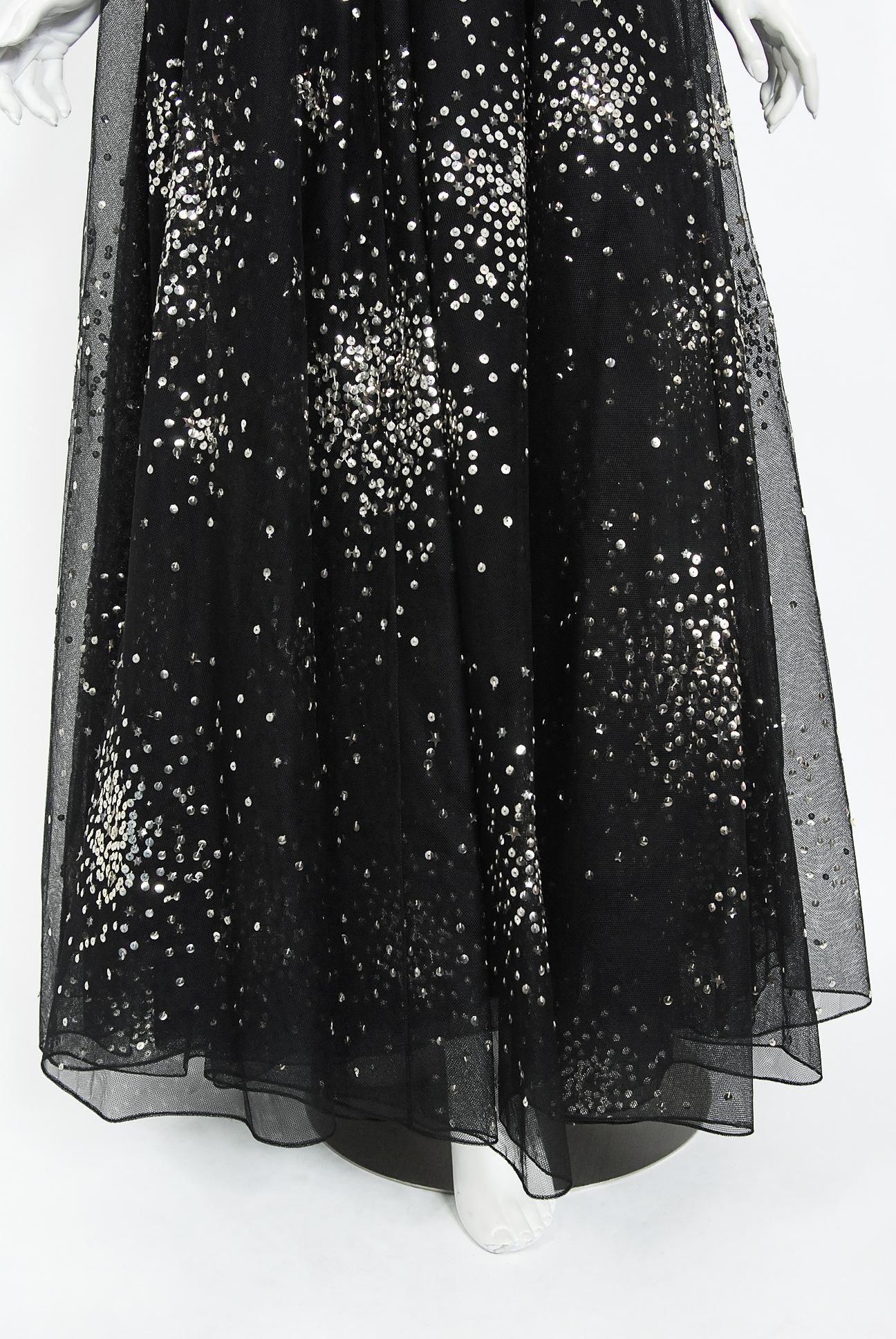 Vintage 1960 Norman Norell Sequin Star Novelty Black Sheer Illusion Tulle Gown In Good Condition For Sale In Beverly Hills, CA