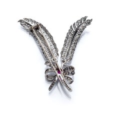 Vintage 1960´s diamond pin brooche Double Feather with a Rubi Bow