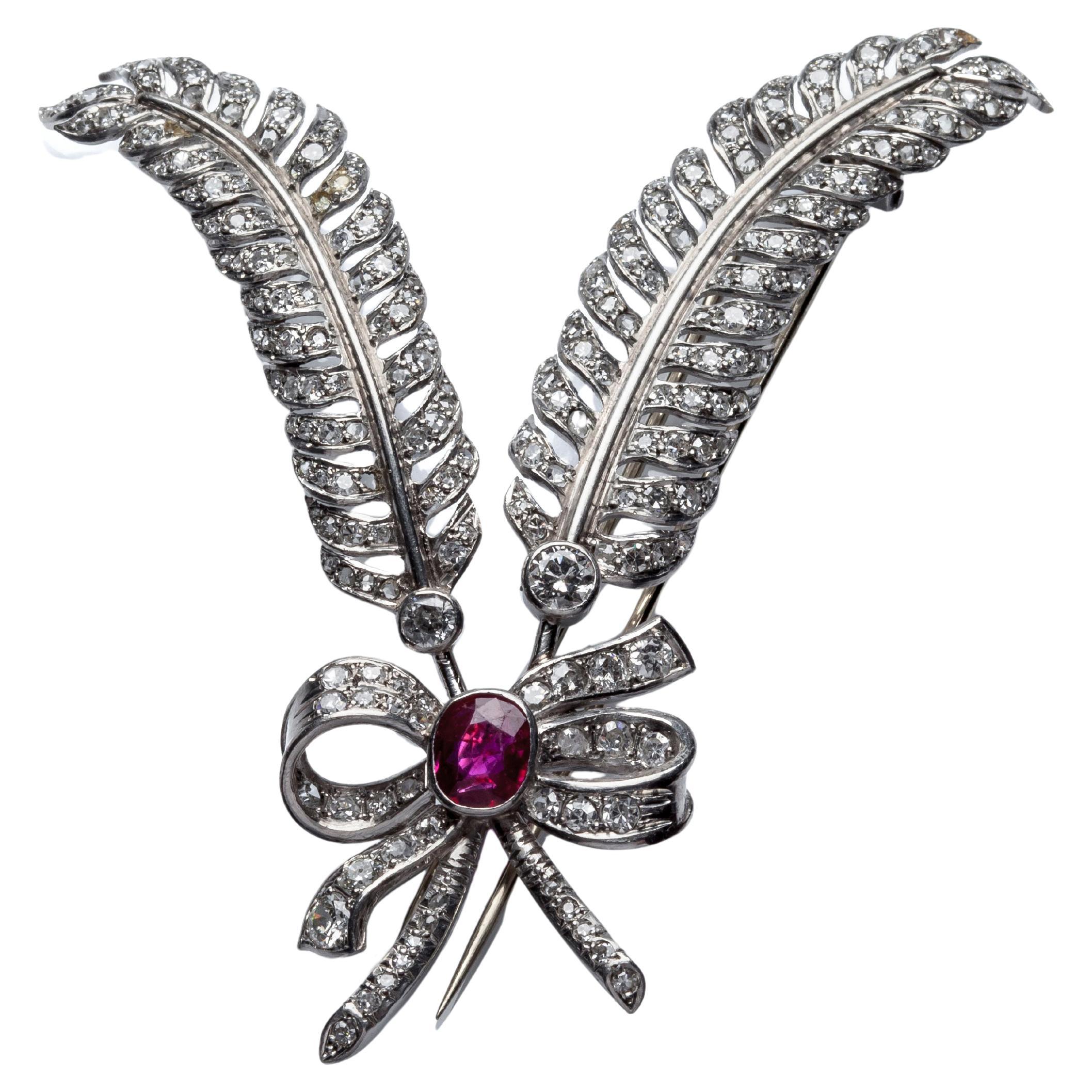 Vintage 1960
s diamond pin brooche Double Feather mit einer Rubi Schleife