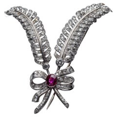 Vintage 1960´s diamond pin brooche Double Feather with a Rubi Bow