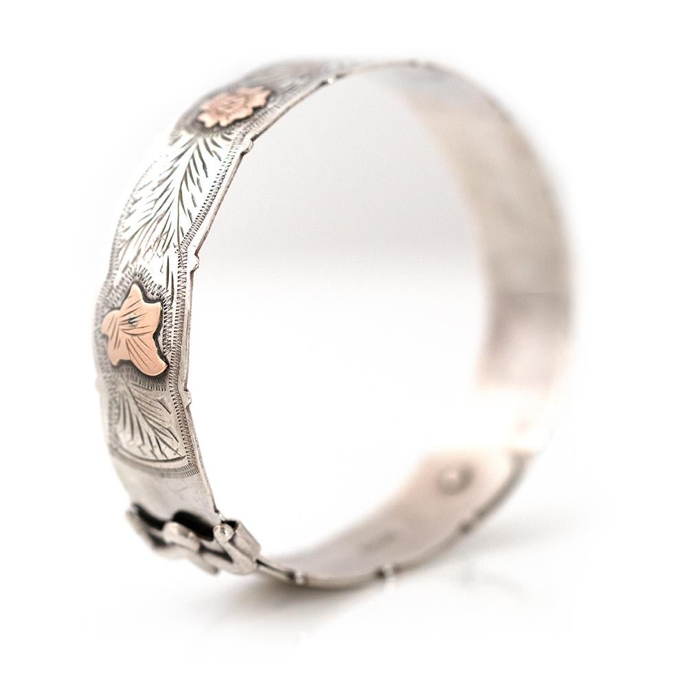 Vintage 1960 Scottish Silver and Rose Gold Ivy Bangle Bracelet im Angebot 2