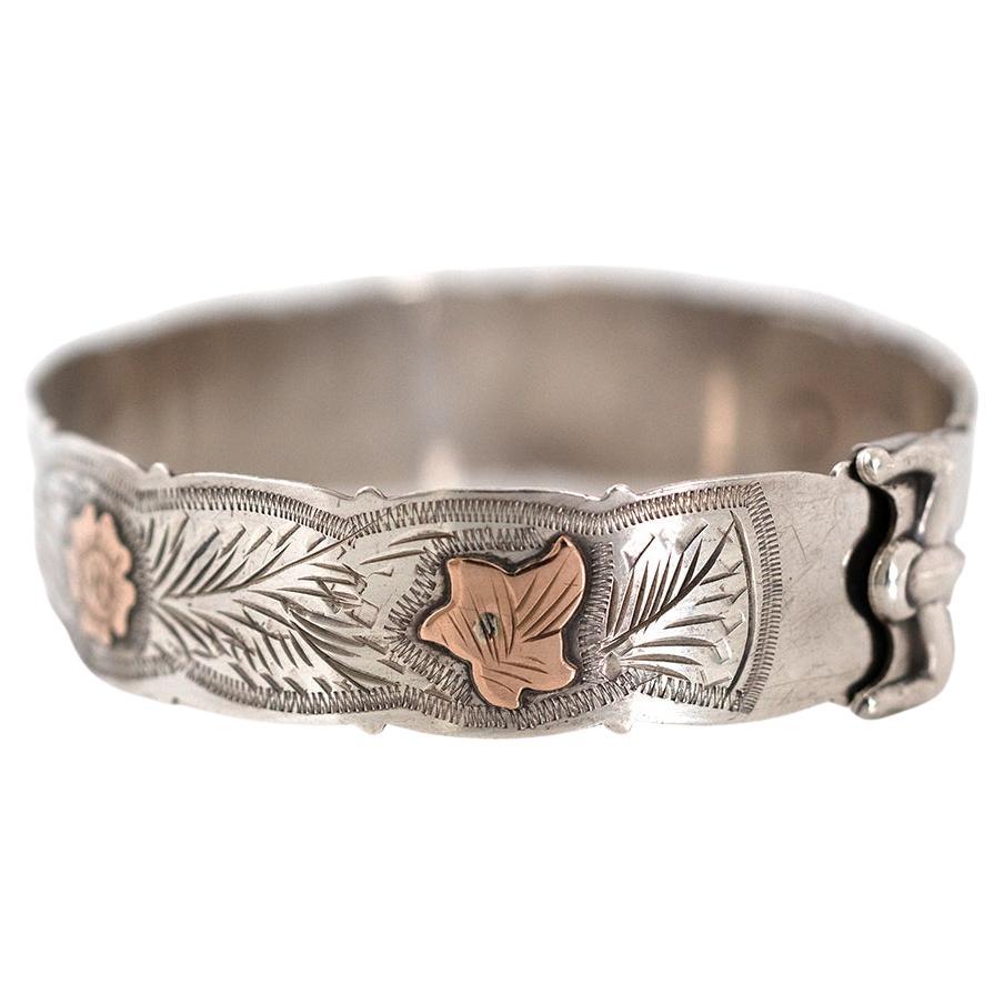 Vintage 1960 Scottish Silver and Rose Gold Ivy Bangle Bracelet en vente