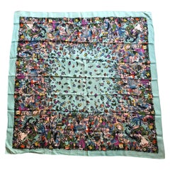 Vintage 1960 Turquoise Silk Scarf With Romantic Edwardian Design