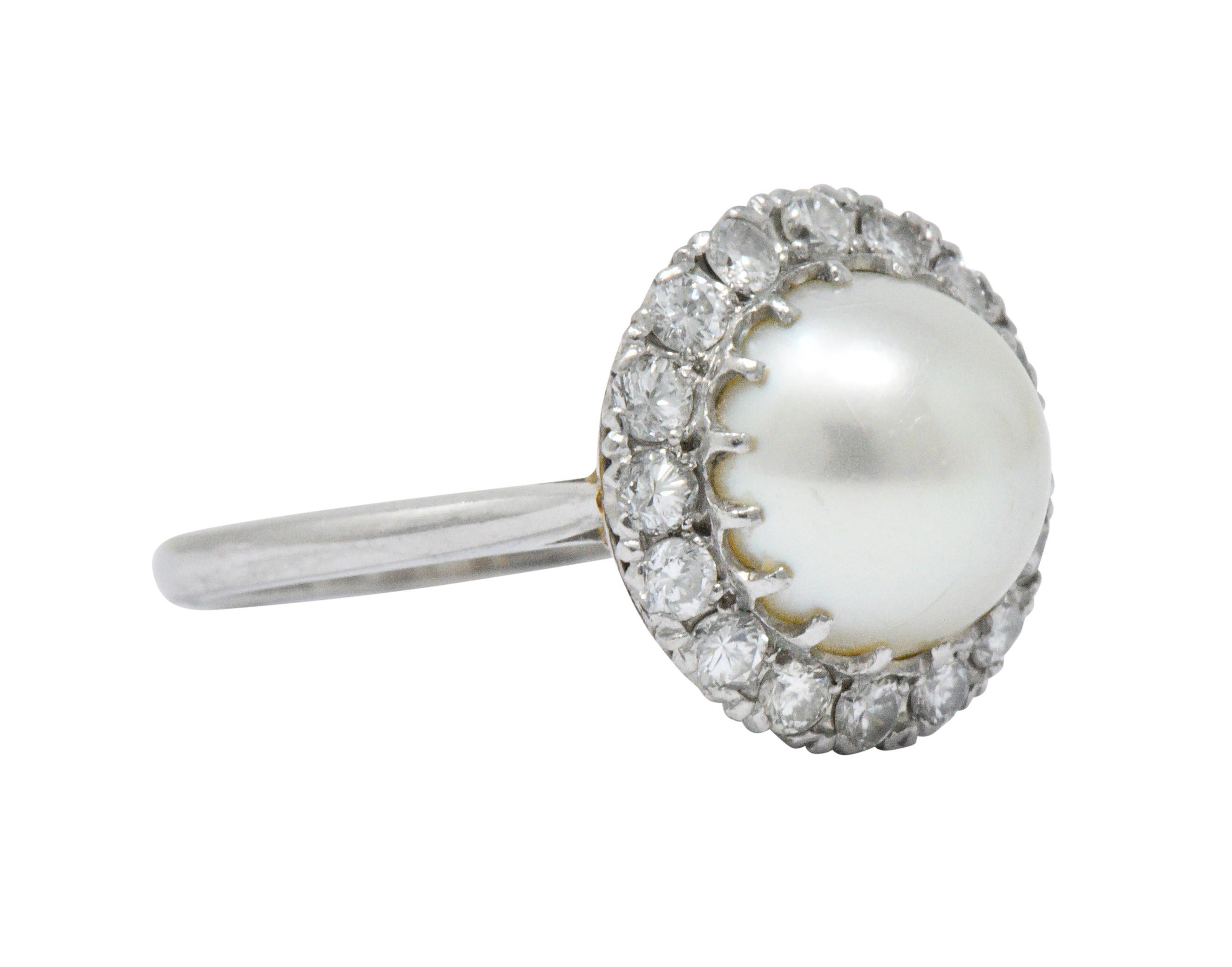 Contemporary Vintage 1960s 0.50 Carat Diamond Cultured Pearl Platinum Cluster Ring