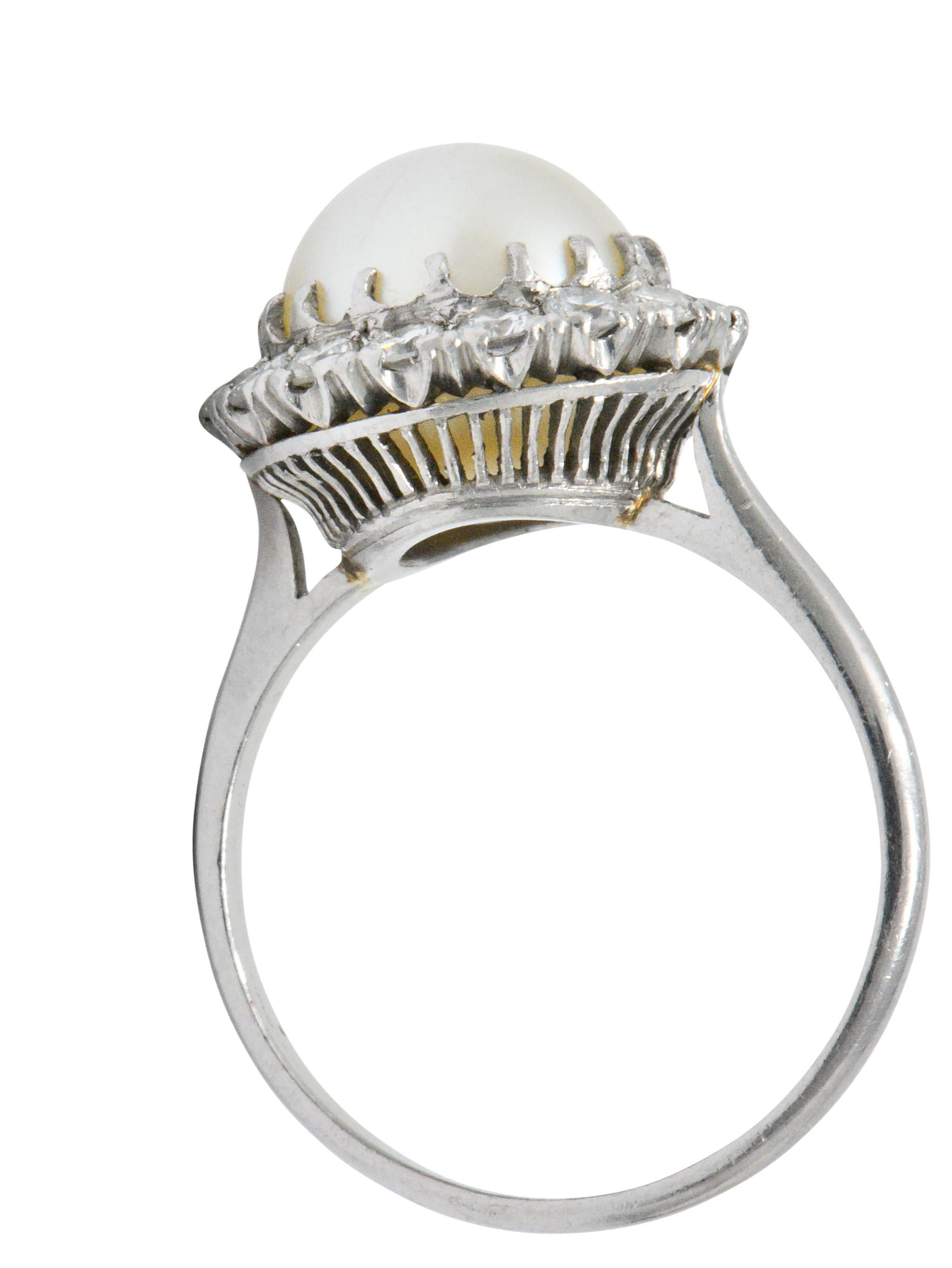 Women's or Men's Vintage 1960s 0.50 Carat Diamond Cultured Pearl Platinum Cluster Ring