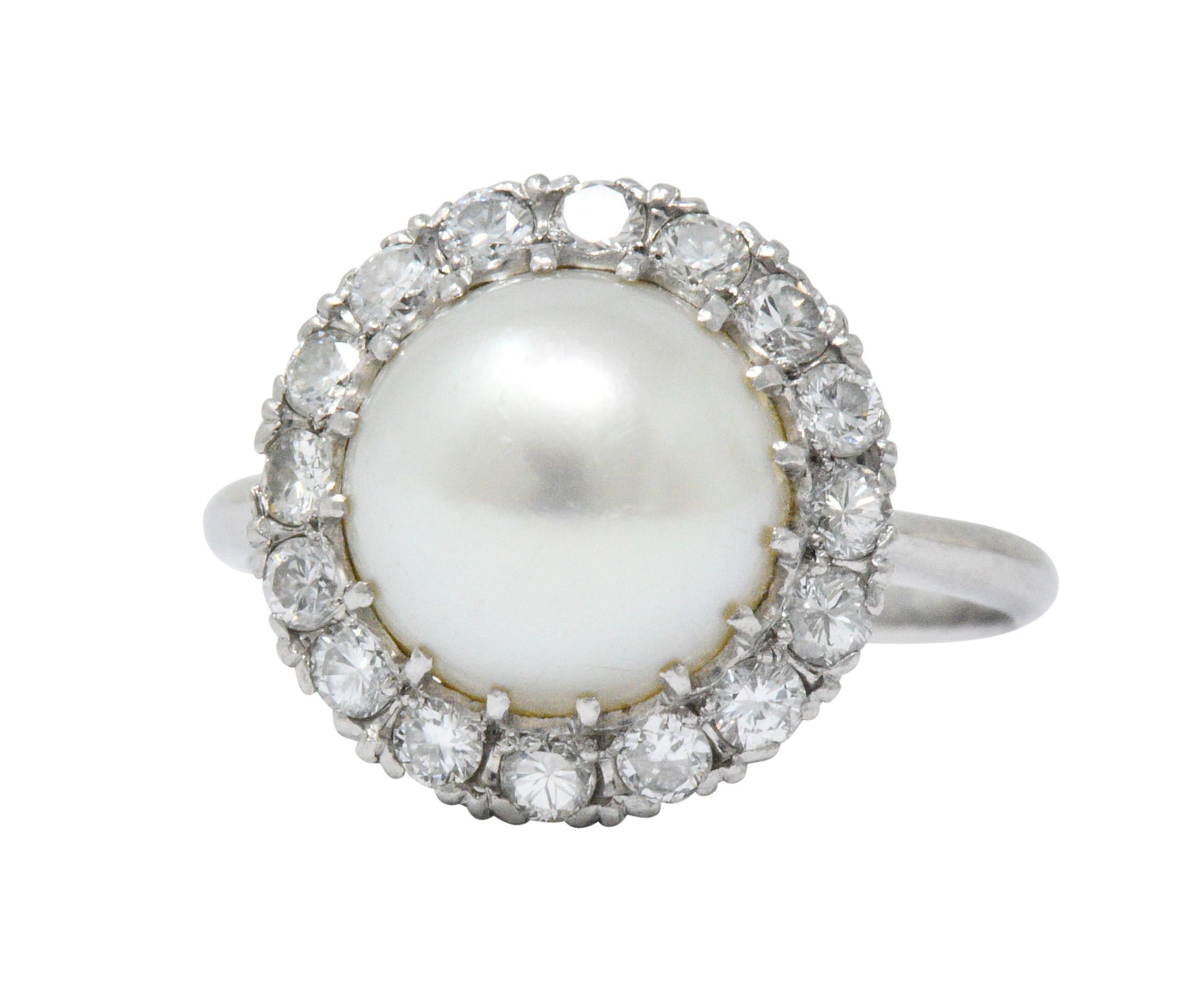 Vintage 1960s 0.50 Carat Diamond Cultured Pearl Platinum Cluster Ring 1