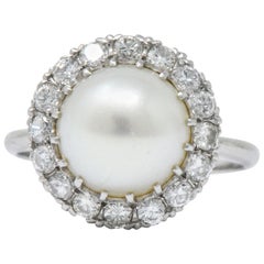 Vintage 1960s 0.50 Carat Diamond Cultured Pearl Platinum Cluster Ring