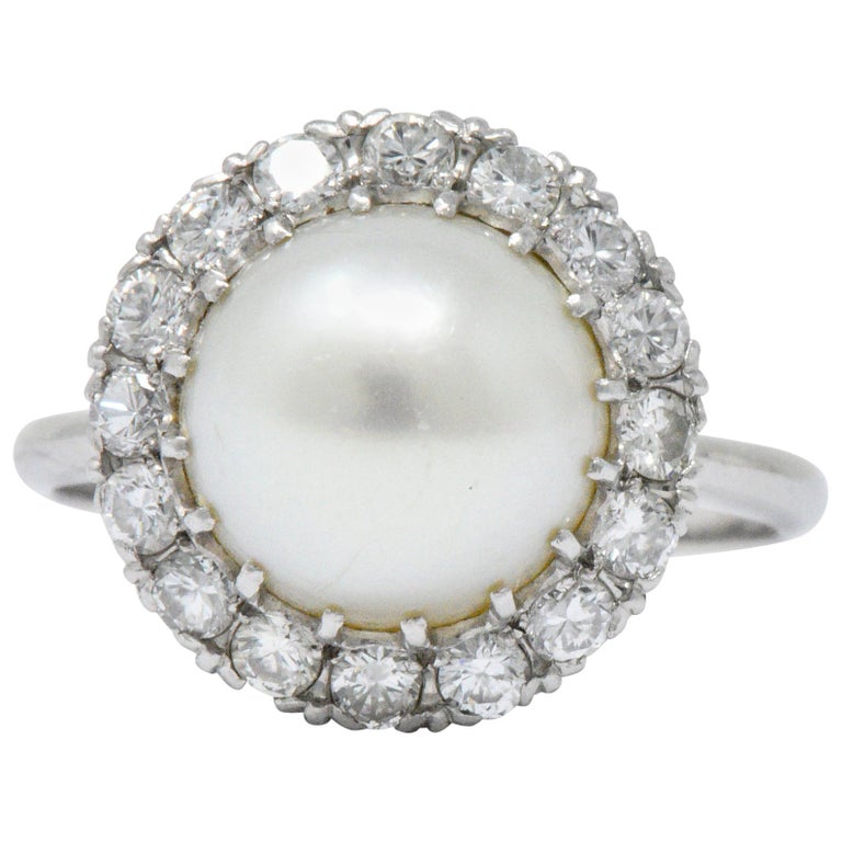 Vintage 1960s 0.50 Carat Diamond Cultured Pearl Platinum Cluster Ring ...