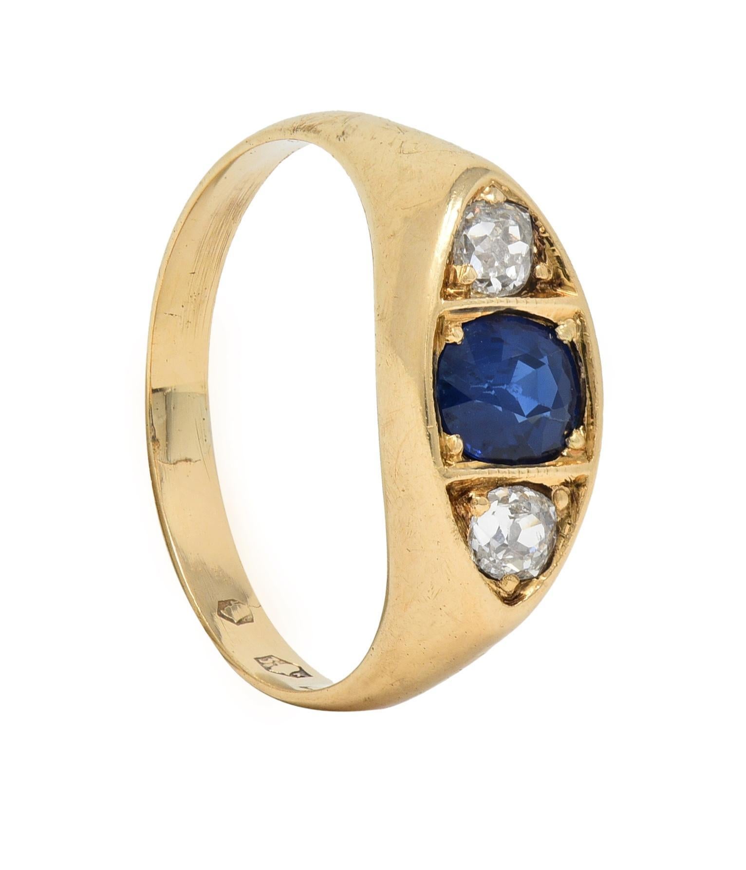 Vintage 1960s 1.09 CTW Sapphire Diamond 14 Karat Gold Marquise Three Stone Ring For Sale 5