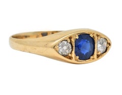 Vintage 1960er Jahre 14 Karat Gold Marquise Dreisteinring mit 1,09 Karat Saphir und Diamant