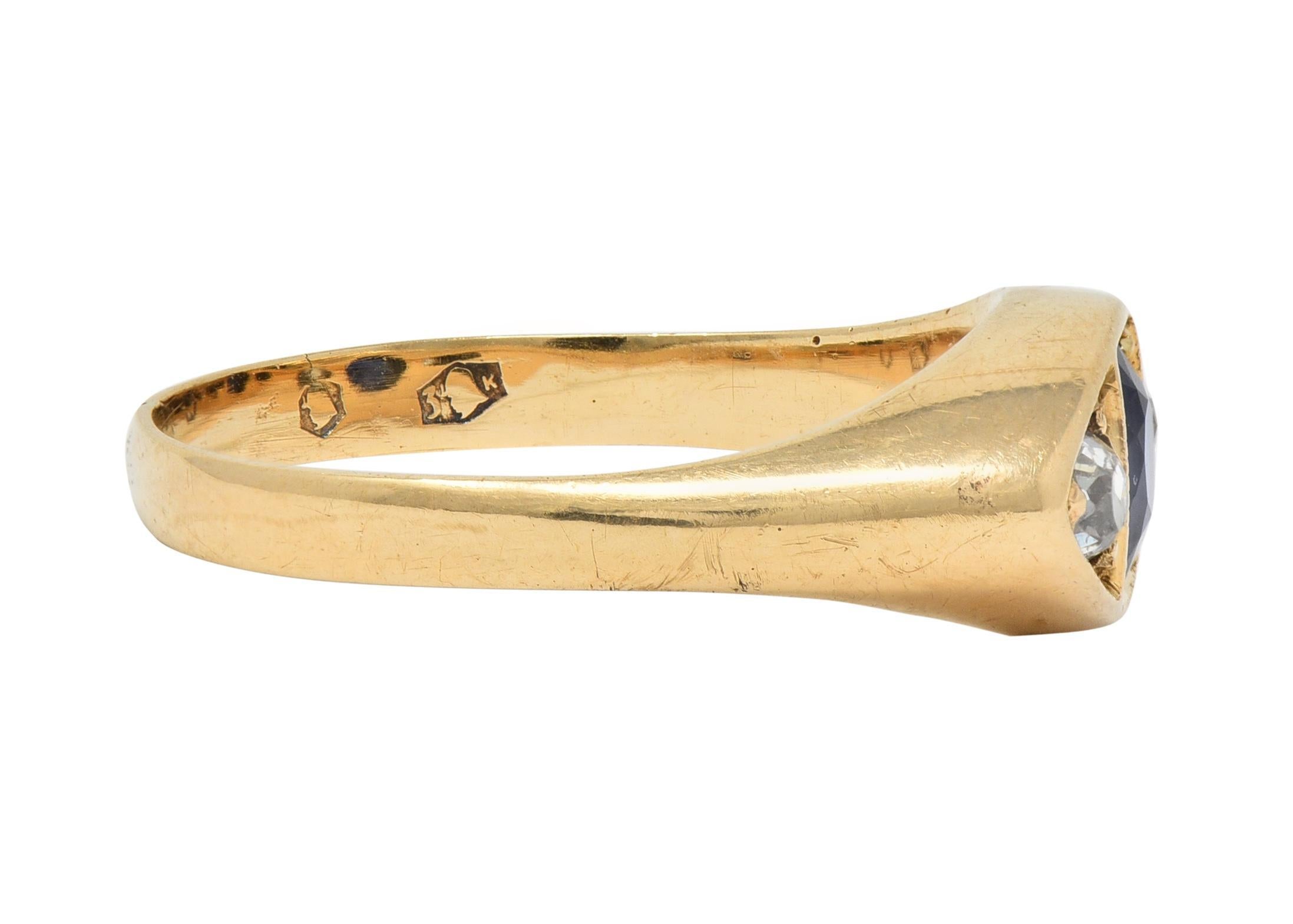 Old Mine Cut Vintage 1960s 1.09 CTW Sapphire Diamond 14 Karat Gold Marquise Three Stone Ring For Sale