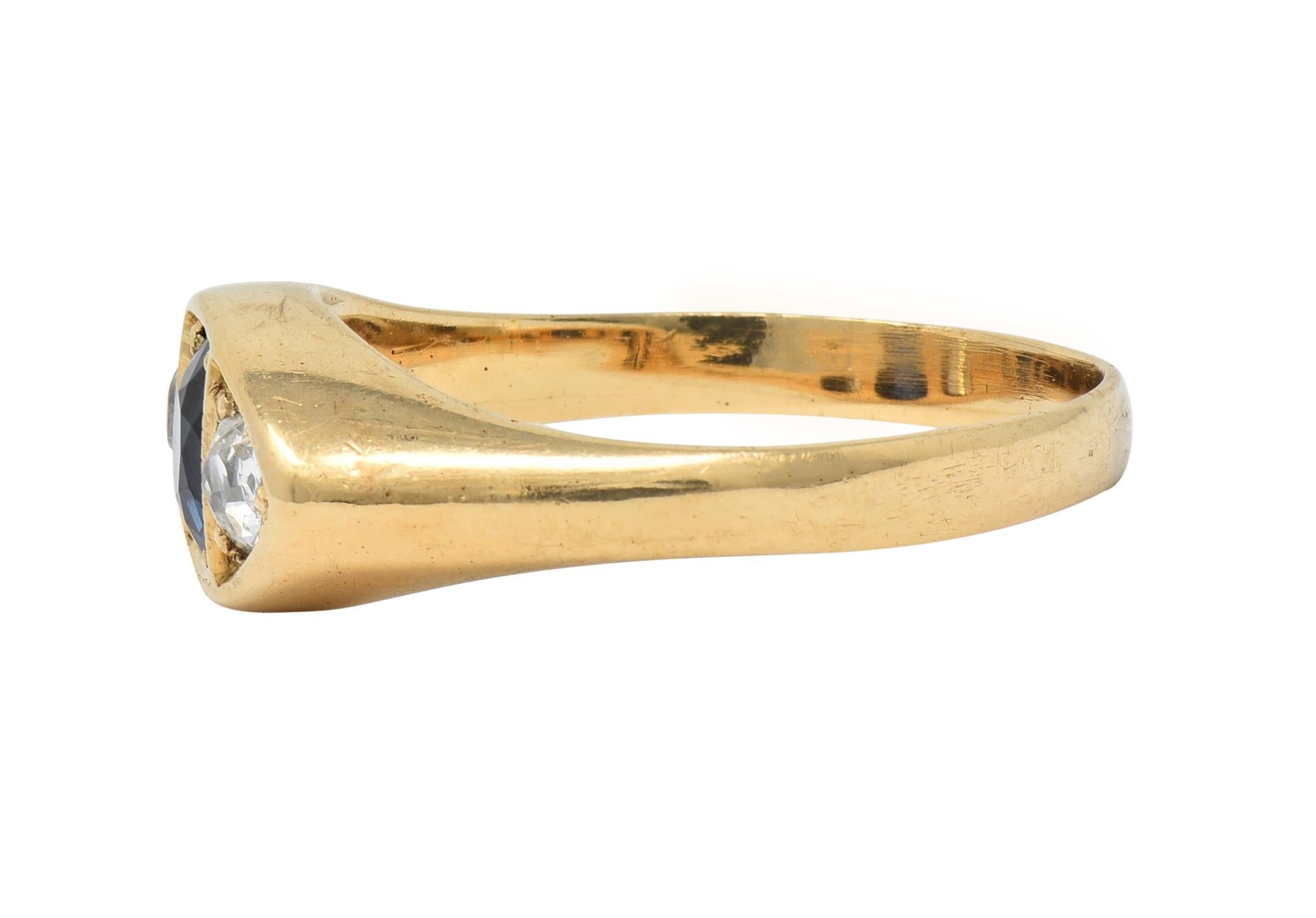 Women's or Men's Vintage 1960s 1.09 CTW Sapphire Diamond 14 Karat Gold Marquise Three Stone Ring For Sale