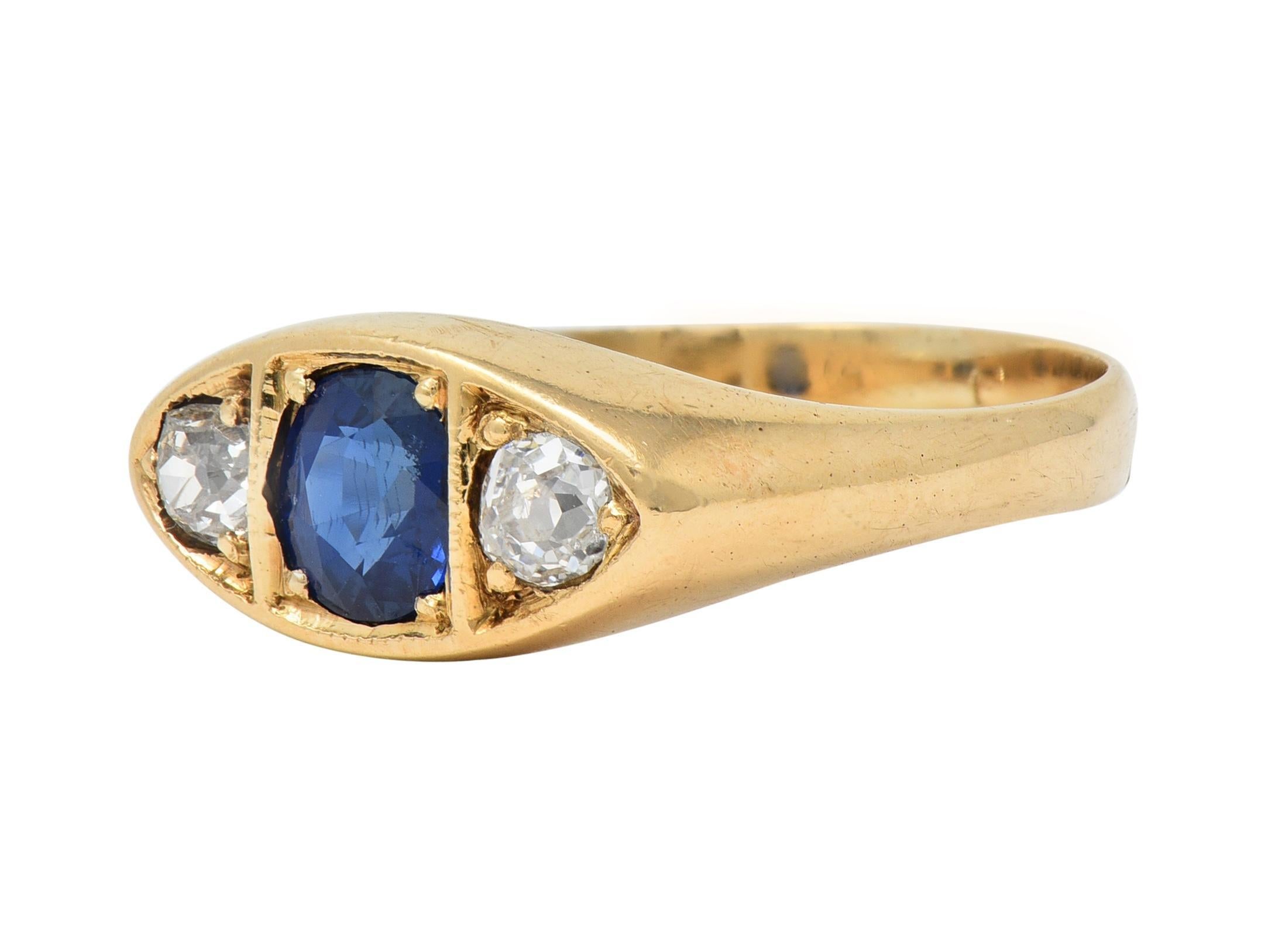 Vintage 1960s 1.09 CTW Sapphire Diamond 14 Karat Gold Marquise Three Stone Ring For Sale 1